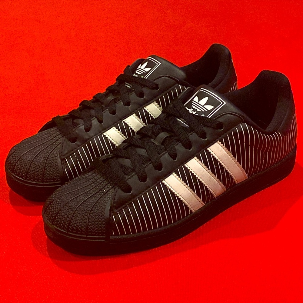 Adidas Superstar Black White Pinstripe Shell Toe Men’s Size 9 Sneakers